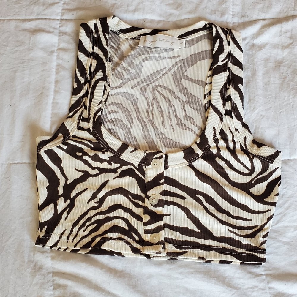 Beige Botany Zebra Print Sleeveless Crop Top